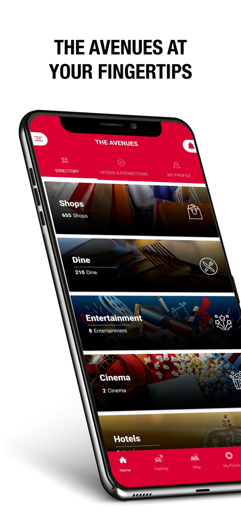 The Avenues - Smartphone screen showing The Avenues app with options for shopping dining and entertainment