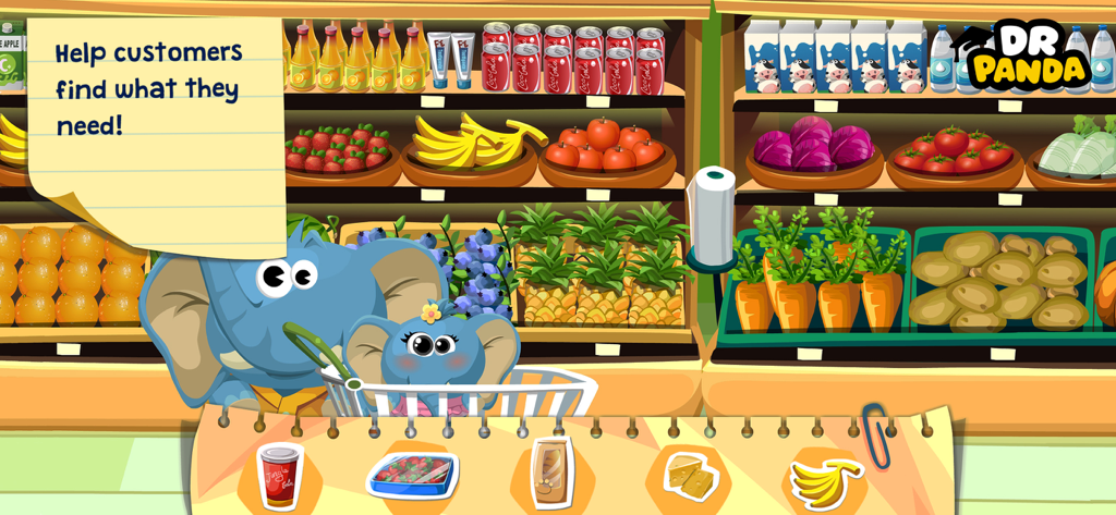 Dr. Panda Supermarket - Due personaggi elefante fanno la spesa in una corsia di supermercato con una lista della spesa visiva nell'app Supermercato Dr. Panda.