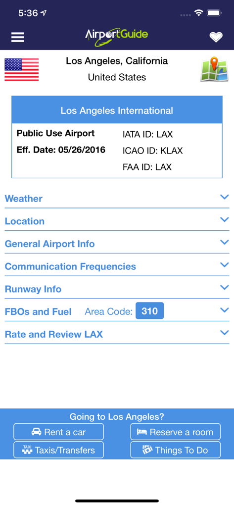 Airport Guide app screen showing detailed information for Los Angeles International Airport including IDs and flight planning resources