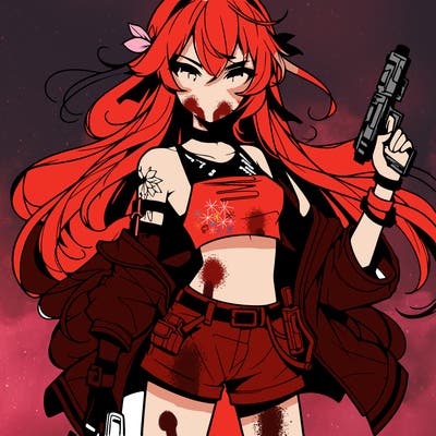 bad girl wearing crop top holding a gun long hair anime