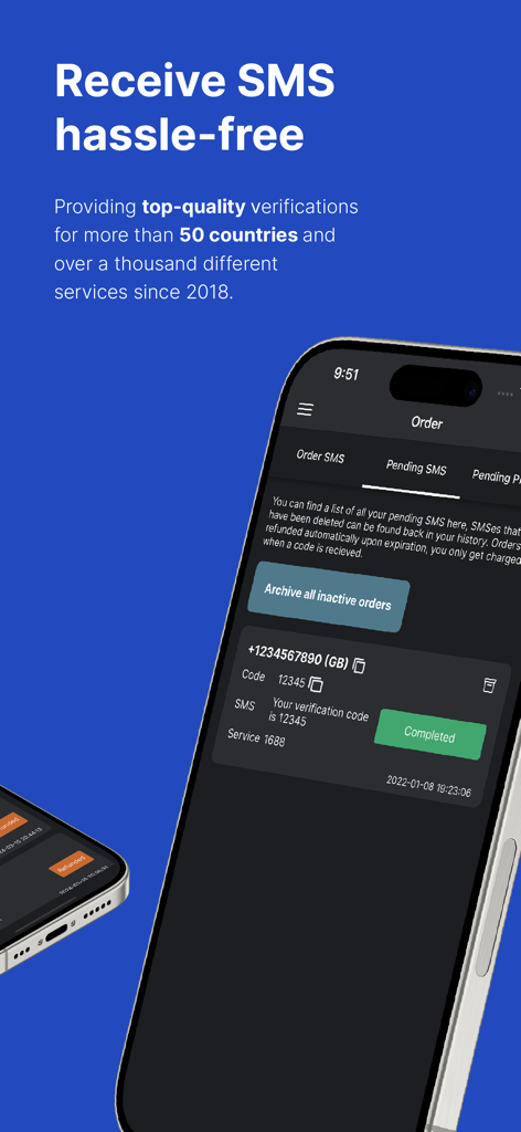 SMSPool app interface showing a successfully received verification code for a phone number.