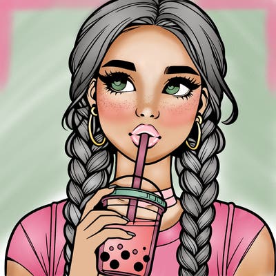 realistic girl with braided hair drinking boba