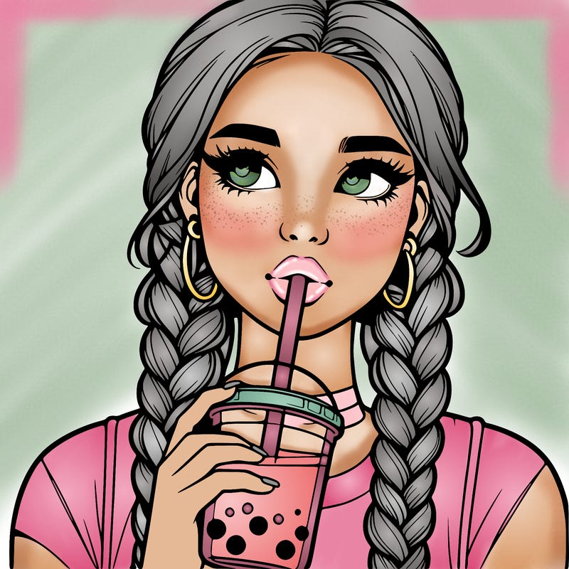 realistic girl with braided hair drinking boba