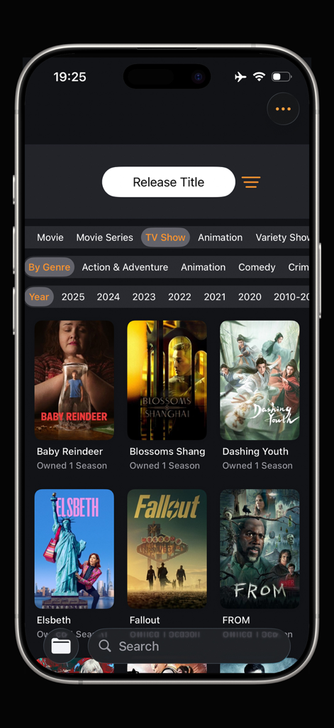 Innine - true hd video player - Innineビデオプレーヤーアプリのインターフェース。高品質なポスターとカテゴリフィルターを備えたテレビ番組のメディアライブラリが表示されています。