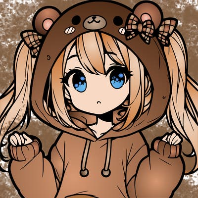 cute anime girl with ponytails and a cute bear hoodie