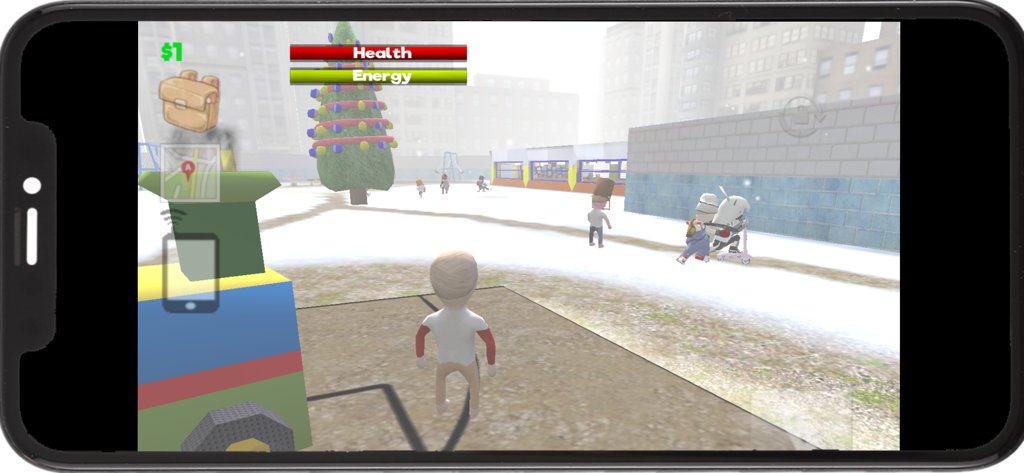 Jugabilidad de School of Chaos MMORPG que muestra un personaje en un patio escolar nevado en 3D de mundo abierto