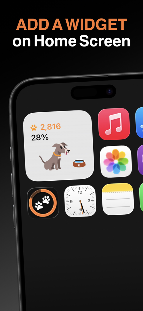 StepDog: Step Counter with Dog - iPhone home screen showing the StepDog virtual pet widget with daily step count and progress