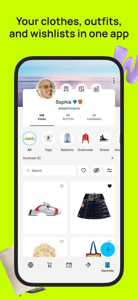 A user profile on the Whering app displaying a digital clothing inventory and outfit categories