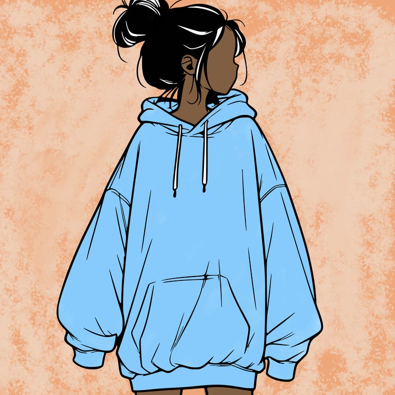 realistic girl with a oversized sweatshirt on and a bun