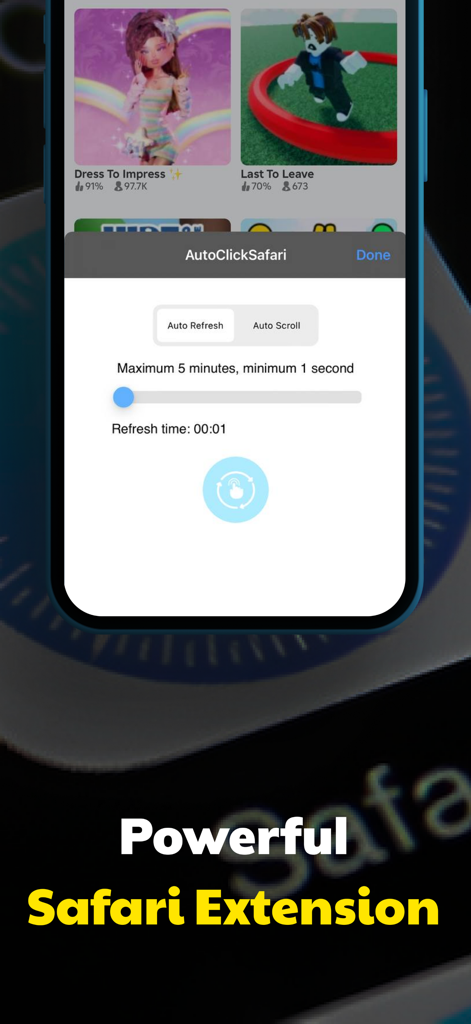 AutoClicker: Click Assistant⁺ - Interface of the AutoClicker Safari extension featuring auto refresh and auto scroll controls