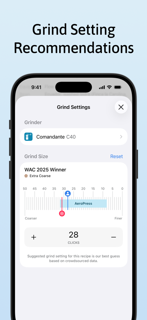 Aeromatic - AeroPress brewing app showing grind settings for a Comandante C40 grinder with specific click recommendations for a championship recipe.