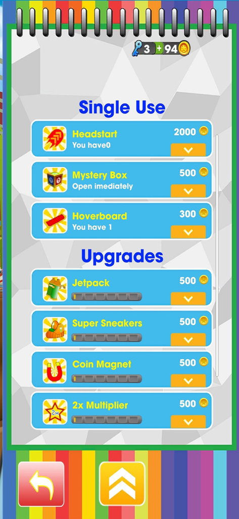 Subway Cute Runner - Una pantalla de menú de tienda en Subway Cute Runner mostrando varios artículos de un solo uso y mejoras de personajes como mochilas propulsoras y zapatillas.