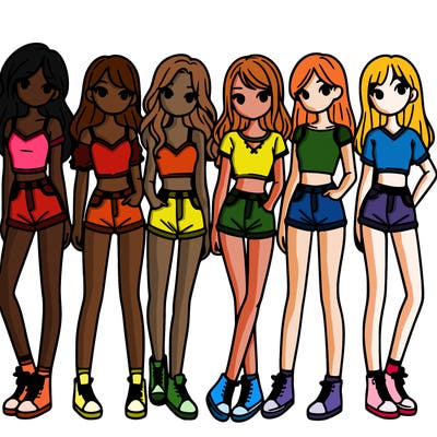 a group of girls wearing crop tops and shorts