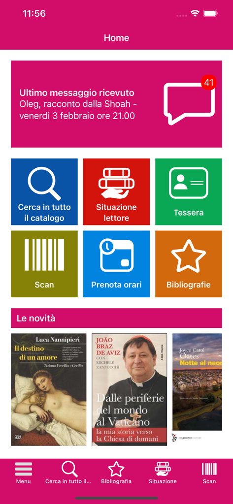 TVB - La dashboard dell'app mobile TVB Treviso Biblioteche che mostra pulsanti di navigazione per la ricerca nel catalogo, lo stato del lettore e la scansione del codice a barre.