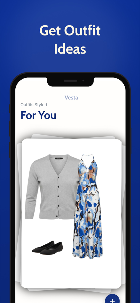 Vesta Wardrobe app interface showing a curated outfit suggestion including a grey cardigan and blue dress