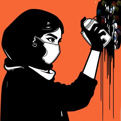 realistic girl with mask spray painting a wall