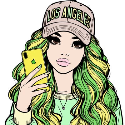 realistic beautiful girl wearing los ángeles cap holding an iphone