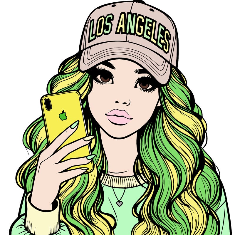 realistic beautiful girl wearing los ángeles cap holding an iphone