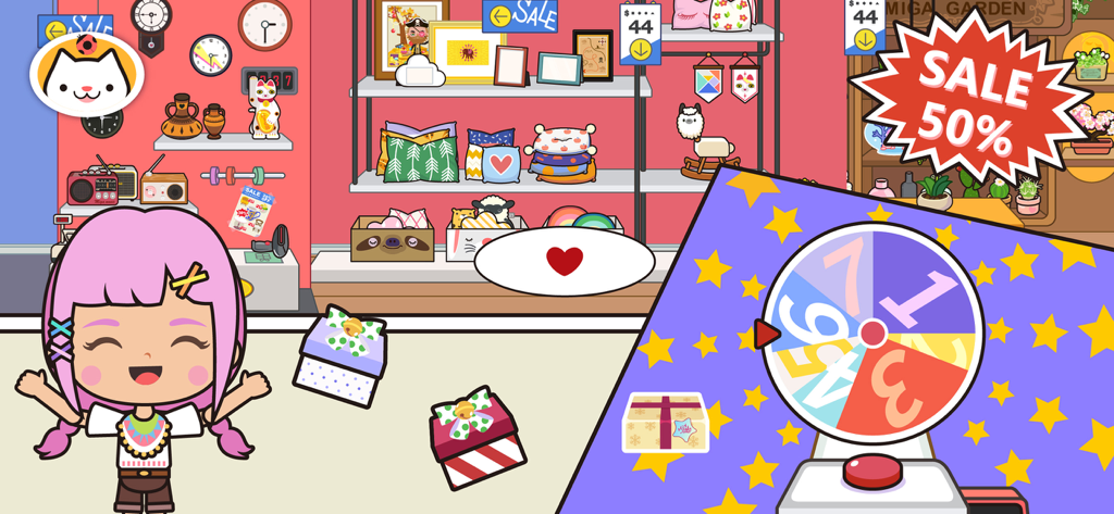 A cartoon character standing in a colorful home decor store with a spinning prize wheel and a fifty percent sale sign.