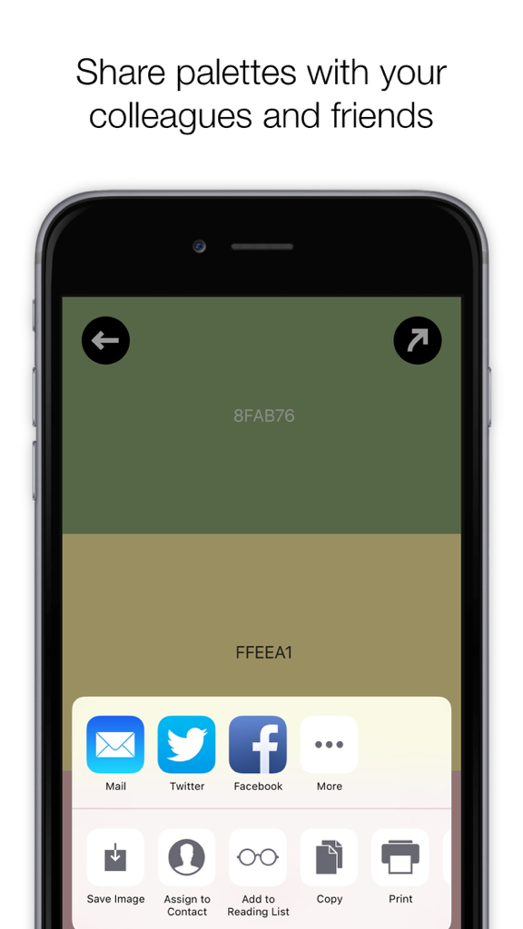 Colordot by Hailpixel - A color picker for humans - Colordot app screenshot showing how to share color palettes with colleagues and friends through various mobile platforms.