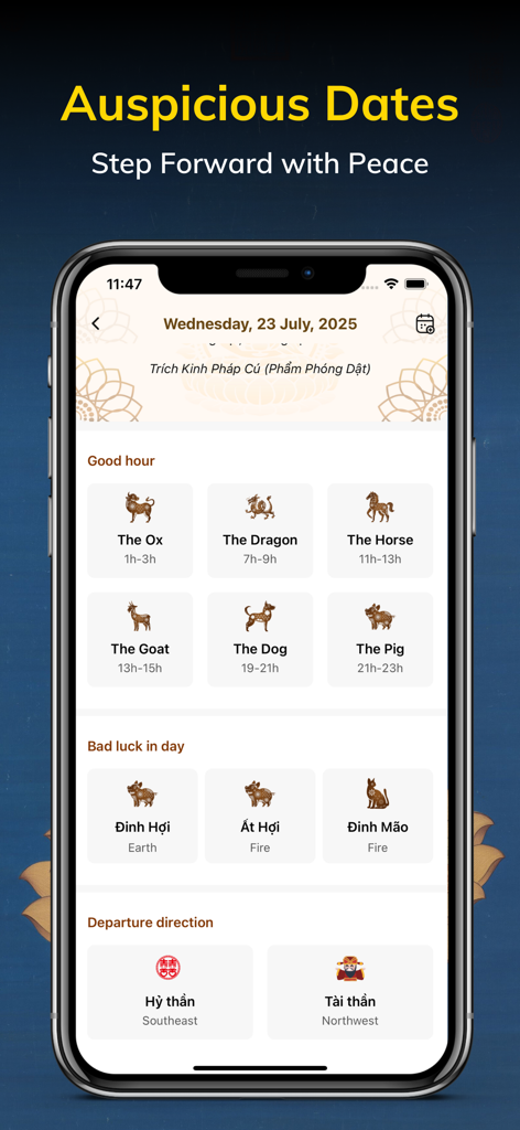 Om Mani – Global Buddhism - Auspicious Dates feature in the Om Mani app showing zodiac good hours and spiritual timing recommendations
