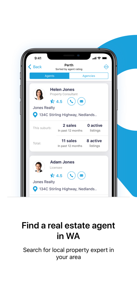 reiwa.com - Real Estate - Mobile Ansicht mit einer Liste von Immobilienmaklern in Westaustralien mit Bewertungen und Verkaufshistorie