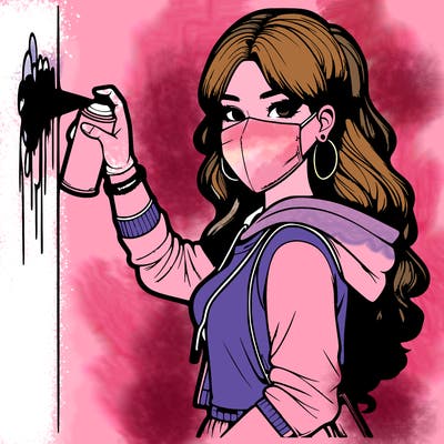 realistic girl with mask spray painting a wall