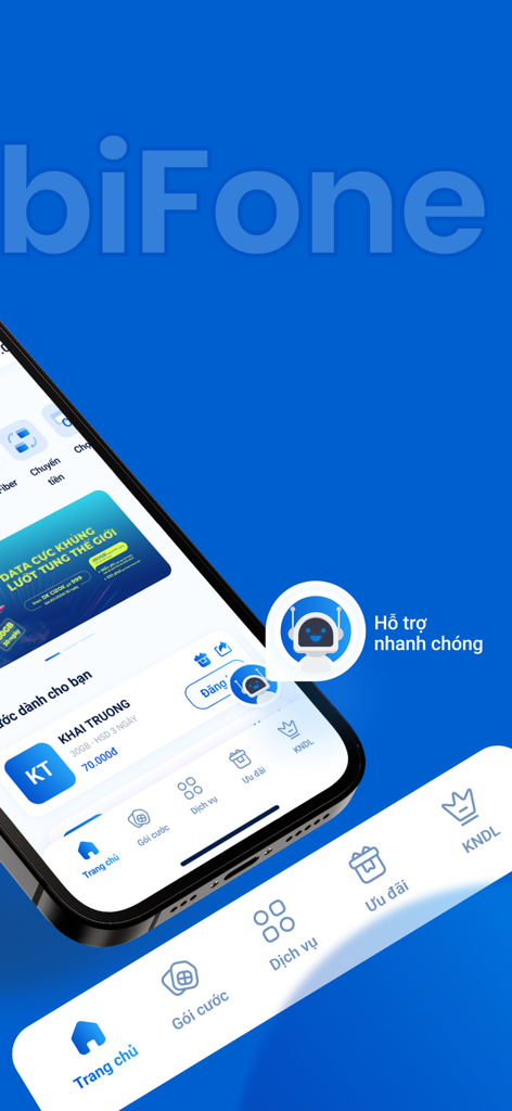 Interfaz de la aplicación My MobiFone con un chatbot de soporte rápido y menú de navegación