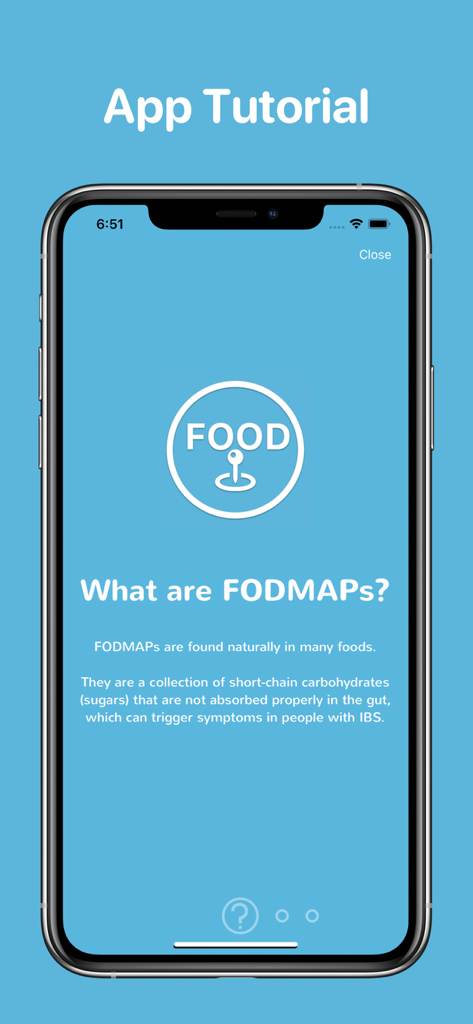 Tutorial screen from the Low FODMAP diet app explaining what FODMAPs are and how they affect IBS.