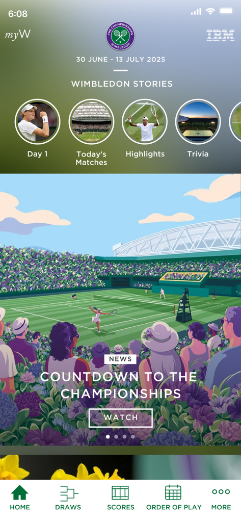 Wimbledon 2025 - Home screen of the Wimbledon 2025 app featuring stories highlights and a countdown news banner