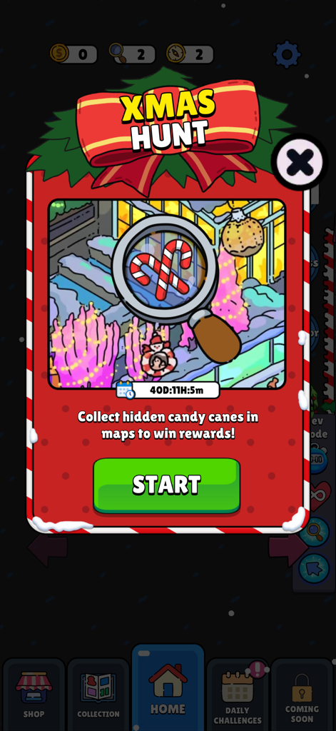 Hidden Objects - Adventure - Xmas Hunt event screen for Hidden Objects Adventure mobile game showing a search for candy canes.