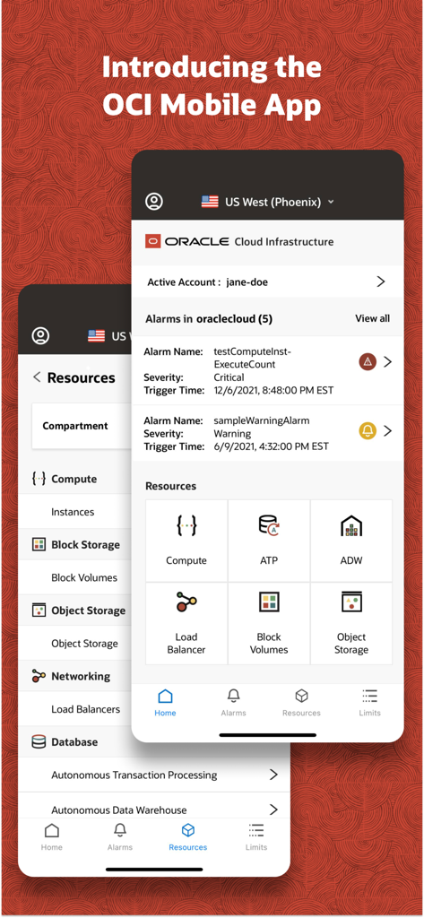 Dashboard dell'app mobile Oracle Cloud Infrastructure che mostra allarmi attivi e panoramica delle risorse cloud