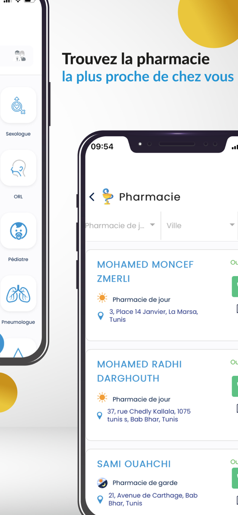 Med - Captura de pantalla de la aplicación Med que muestra un directorio de farmacias cercanas y un menú de especialidades médicas