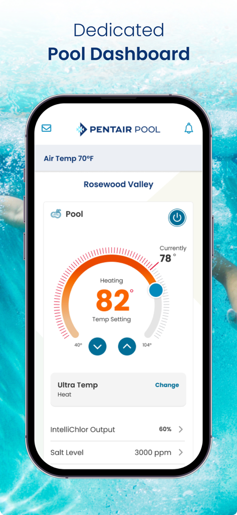 Pentair Pool - A mobile interface for the Pentair Pool app showing a dedicated dashboard with pool temperature control and water chemistry data.