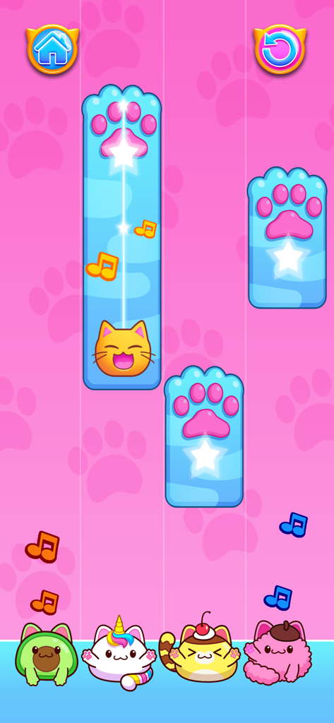 SnugBoo Cats World of Music - かわいいキャラクターと落ちてくる音楽の足跡タイルが登場するSnugBoo Cats音楽ゲームのゲームプレイ画面