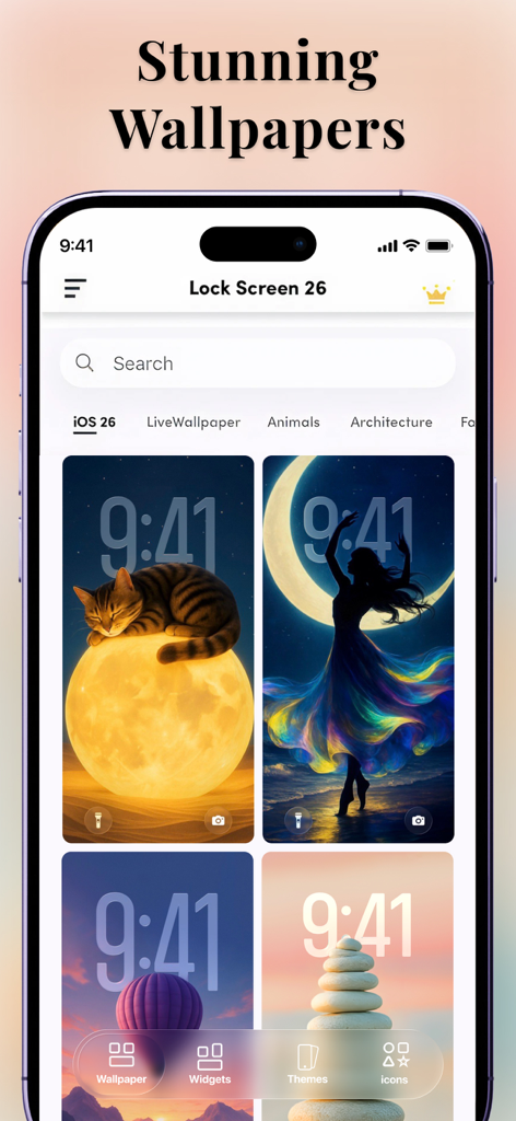 Lock Screen 26: Widgets & Icon - A gallery of aesthetic lock screen wallpapers featuring cats and artistic silhouettes on an iPhone interface