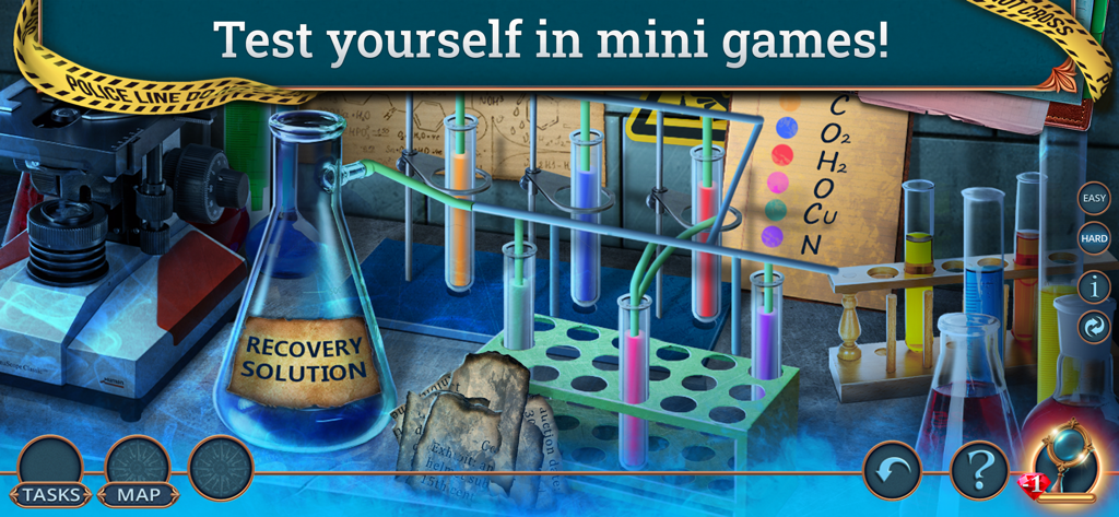 Unsolved Case: Episode 2 - F2P - Un minijuego de acertijo de detectives con un laboratorio de química con tubos de ensayo y un vaso de precipitados con solución de recuperación.