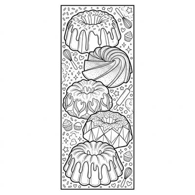 Delight in this unique Bundt cake bookmark coloring page, featuring a stack of beautifully detailed cakes ready for your creative touch. Perfect for adding a sweet flair to your favorite books, this printable is a joy for all ages.