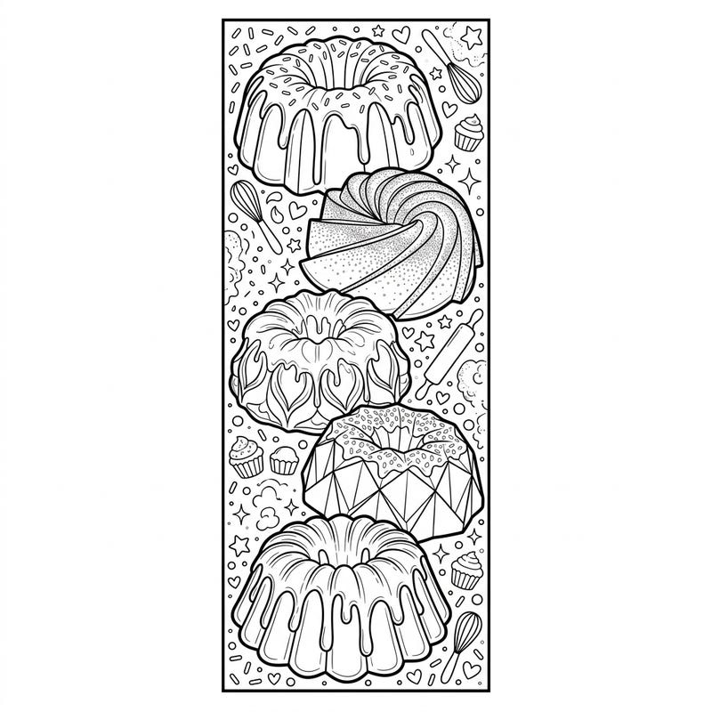 Delight in this unique Bundt cake bookmark coloring page, featuring a stack of beautifully detailed cakes ready for your creative touch. Perfect for adding a sweet flair to your favorite books, this printable is a joy for all ages.