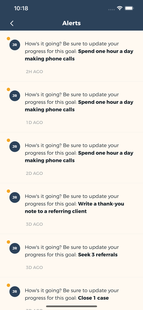 The MDRT Academy - Interface of the MDRT Academy app showing a list of alerts and reminders to track professional production goals
