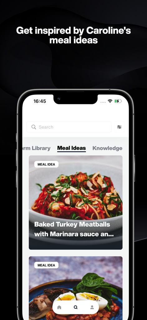 The CGX app Meal Ideas section featuring recipes like baked turkey meatballs and nutritious breakfast options.