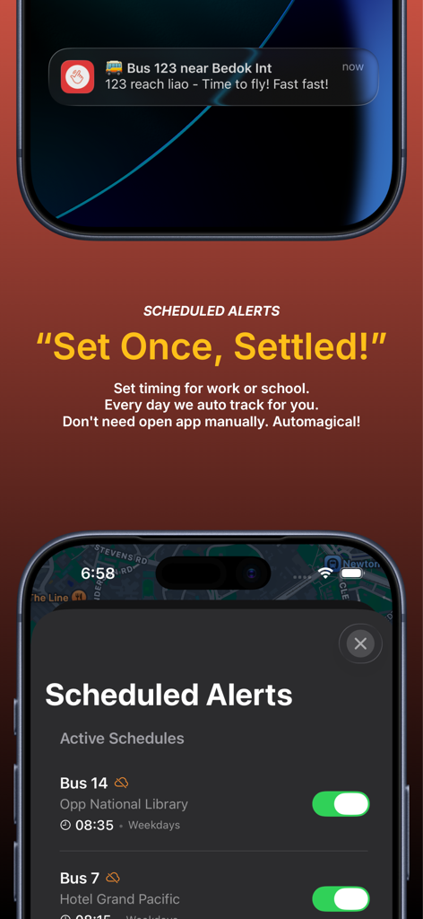JioLah! SG Bus & Trains - Interface showing scheduled bus tracking alerts and a sample push notification on a smartphone