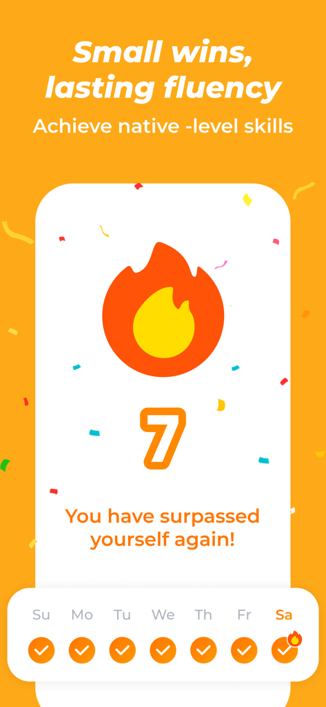 A 7-day English learning streak screen showing a fire icon and motivational text about achieving fluency through small daily wins