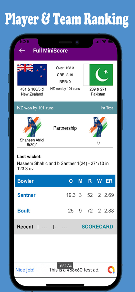 Star Sports official - Star Sports公式アプリでライブクリケットの試合スコアとボウリング統計を示すスマートフォンの画面