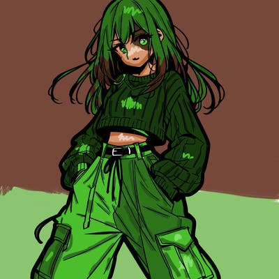 anime teen girl with baggy pants and crop top with sweater