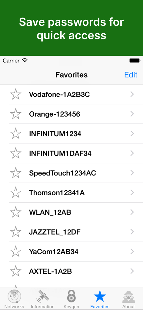 WiFiAudit Pro - WiFi Passwords - WiFiAudit Pro app screen displaying a list of favorite saved WiFi network passwords