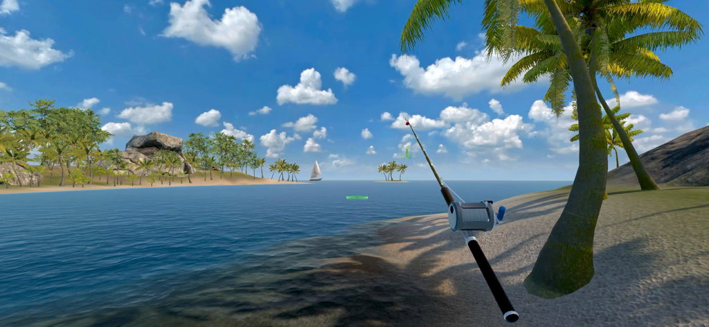 Fishing Friends 3D - Big Catch - Vista en primera persona de una caña de pescar en una playa tropical del Caribe con palmeras y agua azul