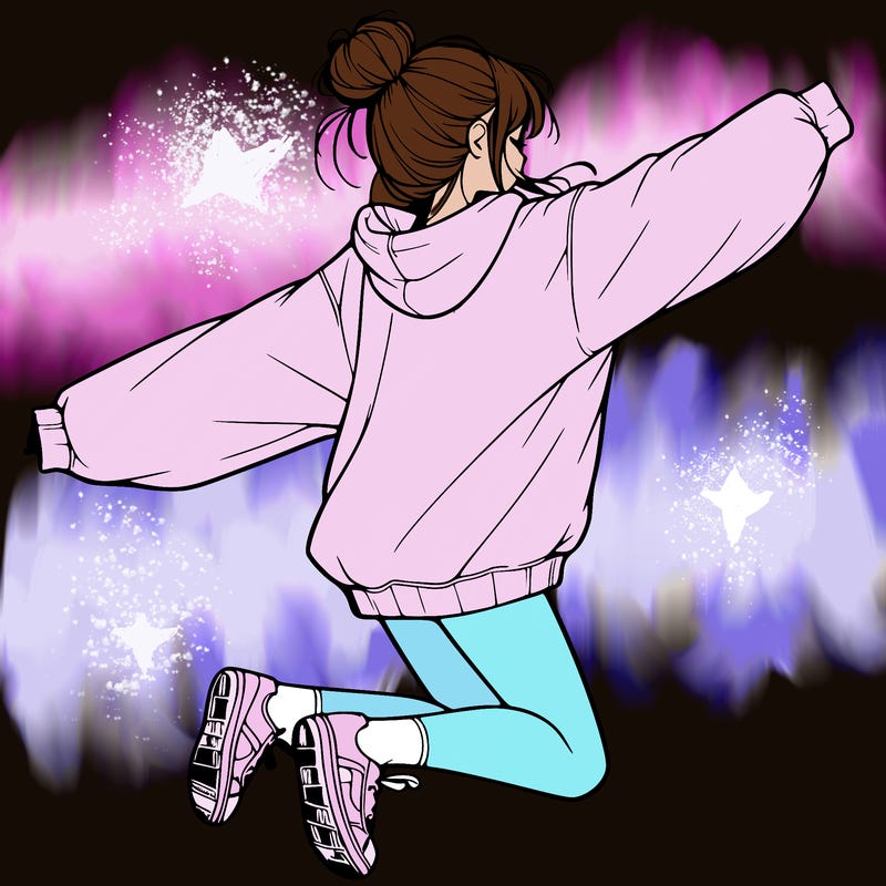 realistic girl jumping with a bun and oversized sweatshirt