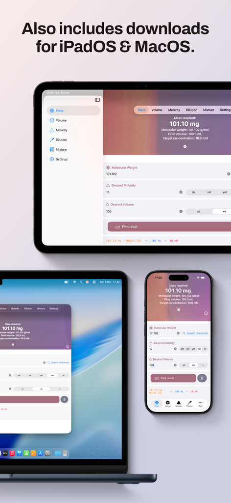 Lab Mate — Molarity & Dilution - 科学計算用のLab MateアプリケーションがiPhone、iPad、Macで実行されています