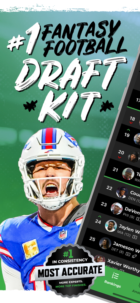 Fantasy Football Draft Kit app interface displaying player rankings and accuracy awards